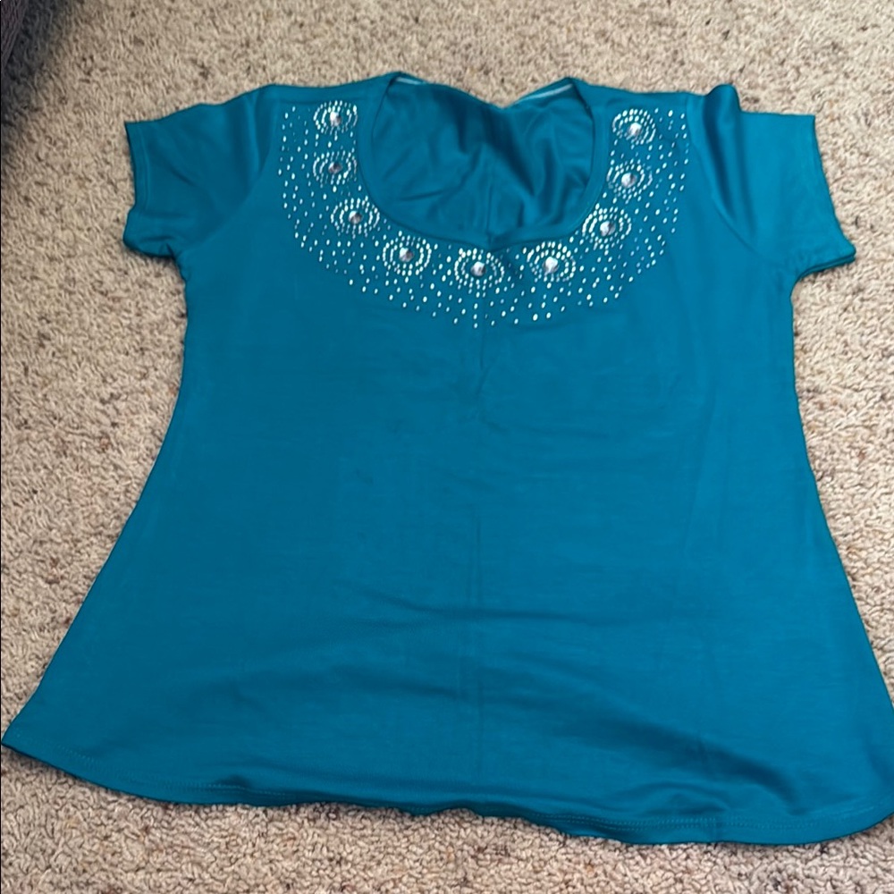 Blue Embellished Short Sleeve Blouse